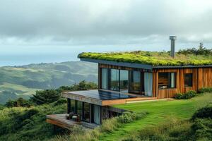Modern sustainable green roof house with solar panels overlooking the ocean photo