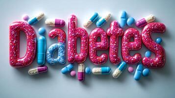 Diabetes word made of colorful sprinkles with medicine capsules surrounding it photo