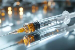 Syringe containing amber liquid resting on reflective surface in laboratory setting photo