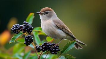 Common whitethroat perched on a branch with black berries photo