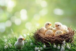 Baby chickens and easter eggs in a nest during spring photo