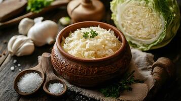 Homemade sauerkraut fermenting in rustic clay pot with garlic, salt and cabbage on wooden table photo