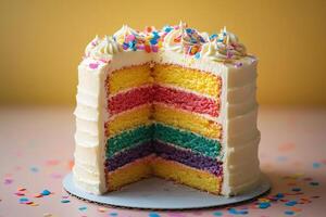 Rainbow cake with white frosting and colorful sprinkles showing its layers photo
