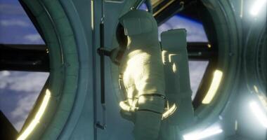 Astronaut floating in space near a futuristic spacecraft in low orbit video