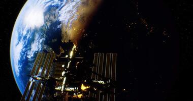 International Space Station orbits Earth with Mars in the background at night video