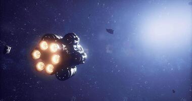 Spaceship navigating through an asteroid field in deep space video