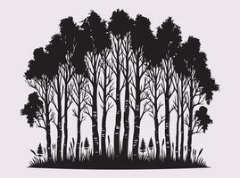 Artistic Black Silhouette of Birch Tree Forest with Dense Foliage and Intricate Branch Details vector