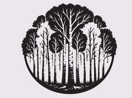 Artistic Black Birch Tree Forest Silhouette with Leafless Branches and Tall Slender Tree Trunks vector