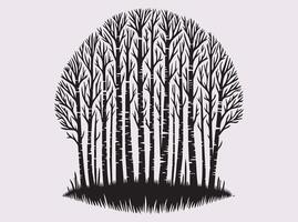 Solid Black Birch Tree Forest Silhouette Art with Tall Trees and Branch Details in a Natural Scene vector