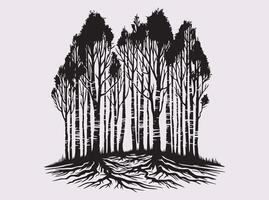 Birch Tree Forest Silhouette in Solid Black Color Featuring Tall Trees and Elegant Branch Structures vector