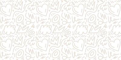 Doodle seamless pattern with various hand drawn shapes. Heart, circles, squiggles or scribbles, checkmark, stripes, dashes, dotted lines. Illustration for print, cover, wrapping paper vector