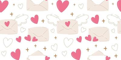 Minimalist seamless pattern with love letters in close or open envelope, hearts and stars. Flat illustration, isolated white background. For wrapping paper, cover, poster, print or gift box vector
