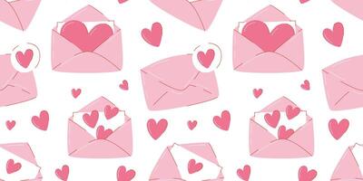 Romantic seamless pattern with various love letters in envelope and hearts, pink color. Flat illustration, isolated white background. For wrapping paper, cover, poster, print or gift box vector