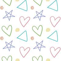 hand drawn doodle seamless pattern of star, heart, and triangle shapes illustration. Scribble colorful pattern for baby and kids decoration, fabric, wrapping paper, cards, and print vector