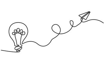 light bulb with paper plane continuous one line drawing vector