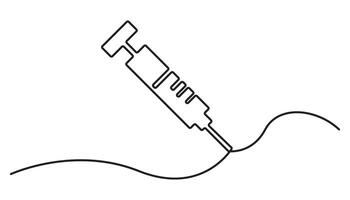 syringe continuous one line drawing, Pharmaceutical components and vaccine symbol in a simple linear style. vector