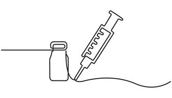 One continuous line drawing of medicine set with syringe and vial. Pharmaceutical components and vaccine symbol vector
