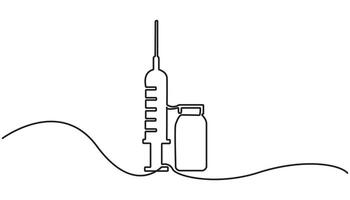 One continuous line drawing of medicine set with syringe and vial. Pharmaceutical components and vaccine symbol in a simple linear style. vector