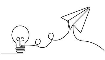 Continuous one line drawing of light bulb and paper plane illustration vector
