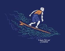 Amidst the frenetic rhythm of the ocean, the surfer rides the wave with skill, captured in sketched lines that reveal the energy and passion for surfing. vector
