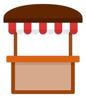 Flat icon of stand stall with white and red striped awning isolated on background. vector