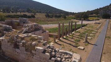 Aerial view. columns and remains of the ancient ruined Lycian city of Patara video