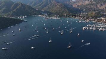 Aerial view. large bay with many yachts. Gocek Bay video