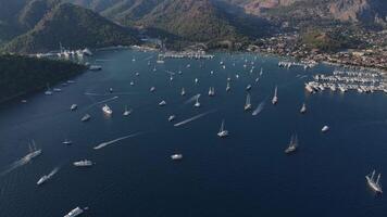 Aerial view. a large bay with many boats and yachts floating in it. Gocek Bay video