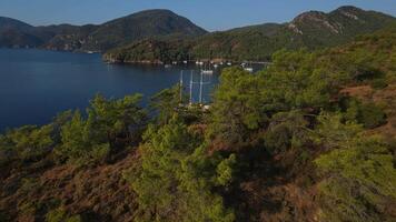 Aerial. beautiful view of a yacht in the bay with mountains in the background video