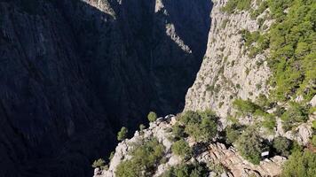 Aerial view of a canyon with deep cliffs and rocky formations video