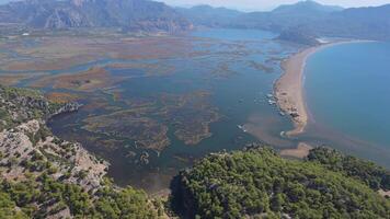 Aerial. Beautiful view of a lake with a beach in the background. Dalyan Strait video