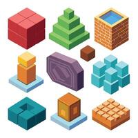 Illustration of a Set of Nine Unique Isometric Brick Shapes in a 3D Perspective vector