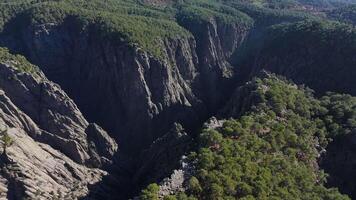 Aerial view of a deep canyon with steep cliffs and lush greenery in Turkey video