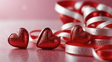 A Glittering Red Heart Ornament with a Romantic Ribbon Symbolizing Love and Affection for Valentine's Day photo
