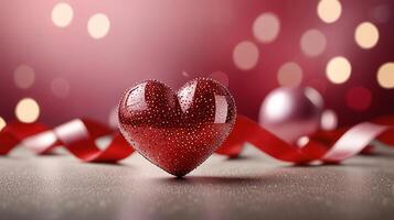 a heart shaped object with red ribbon and bokeh photo