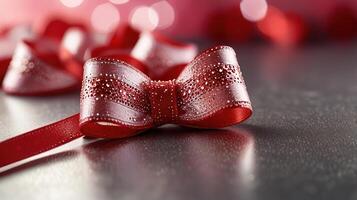 a red bow on a table with a red ribbon photo