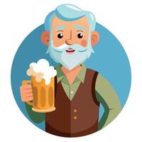 Smiling Elderly Gentleman Holding a Beer Glass with Frothy Foam in a Tavern Setting vector