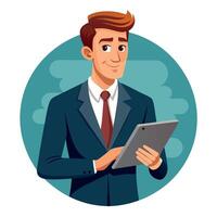 Confident Business Executive in a Suit Using a Tablet for Work and Productivity vector