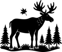 Majestic Moose Silhouette Standing in a Forest Meadow with Pine Trees in the Background vector