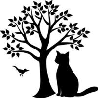 Silhouette of a Cat Sitting Under a Tree Watching Birds and Butterflies Tranquil Nature Scene in Black and White vector