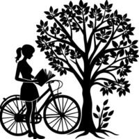 Artistic Silhouette of a Woman with a Ponytail Sitting on a Bicycle and Reading a Book vector