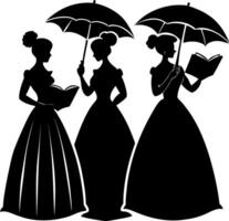 Elegant Victorian Silhouettes of Three Women Holding Parasols and Books in Retro Fashion vector