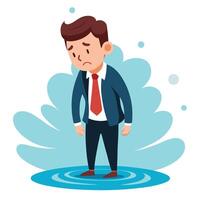 Cartoon Illustration of a Depressed Businessman Stuck in a Pool of Problems and Hardships vector