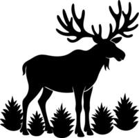 High-Quality Moose Silhouette in a Natural Setting Surrounded by Trees and Grass vector