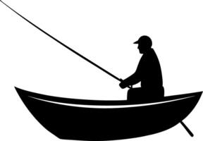 Silhouette of a Fisherman in a Boat Casting a Line for Fishing in a Minimalist Black Design vector