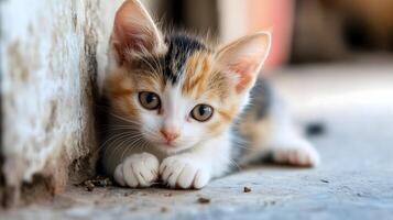 Adorable Calico Kitten Resting Against a Wall photo