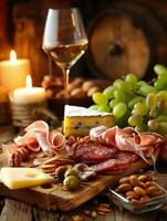 A table with cheese, nuts, and wine photo