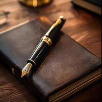 A pen and a book on a wooden table photo