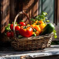 A basket of vegetables sitting on a window sill photo