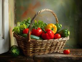 A basket with vegetables sitting on a wooden table photo